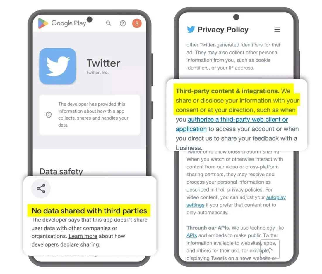 تفاوت توضیحات حریم خصوصی توییتر در پلی استور و صفحه حریم شخصی این شرکت